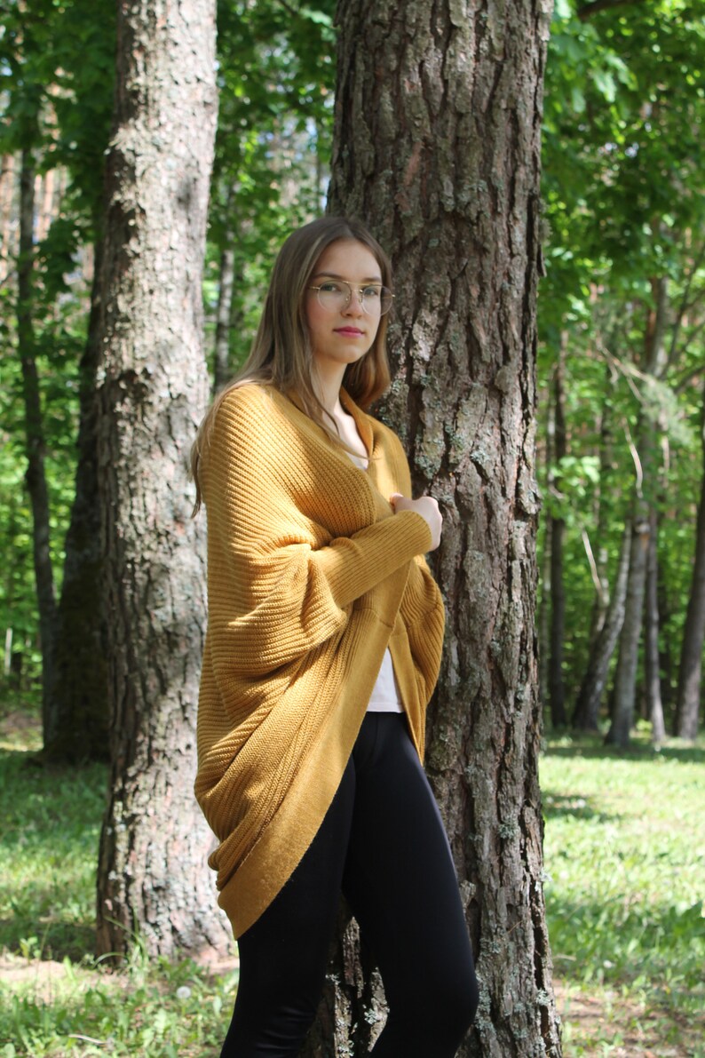 Yellow Alpaca Wool Cardigan, Wrap Sweater with Puffy Sleeves, Oversized Cardigan for Women, Light Summer Sweater image 5