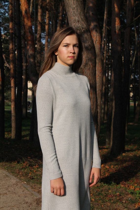 Turtleneck High Neck Bear Shoulder Loose Oversized Sweater Dress