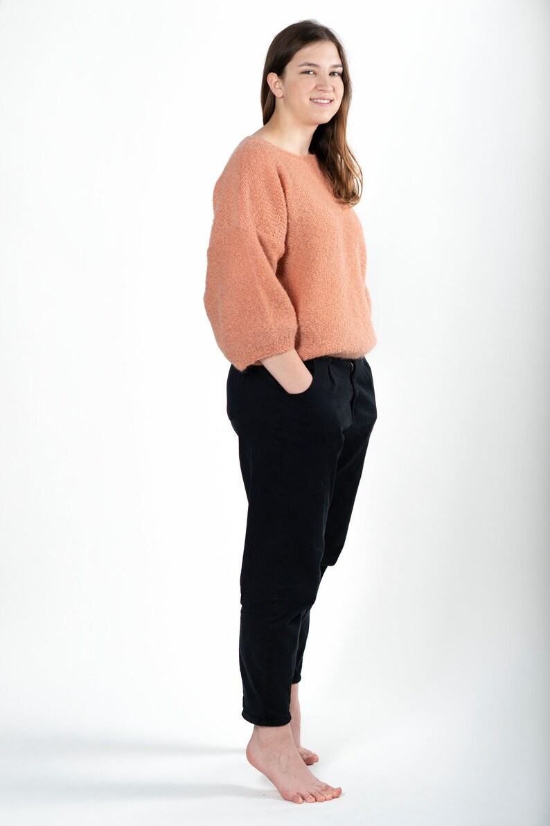 Cropped Knit Sweatshirt with Shorter Puffy Sleeves, Cropped Knit Jersey for Summer, Short Merino Pullover Sweater, Oversized Knitted Top image 9