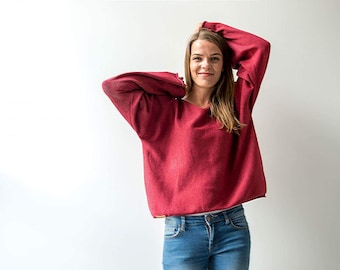 Red Merino Pullover for Women, Knitted Jersey with Boat Neck and Baggy Sleeves, Oversized Red Sweater