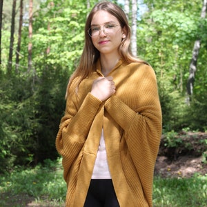Yellow Alpaca Wool Cardigan, Wrap Sweater with Puffy Sleeves, Oversized Cardigan for Women, Light Summer Sweater image 1