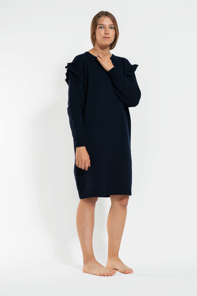 Merino and Cashmere Dress with Curled Sleeves, Merino Knit Dress for Ladies, Knitted Merino Dress with Long Sleeves image 1