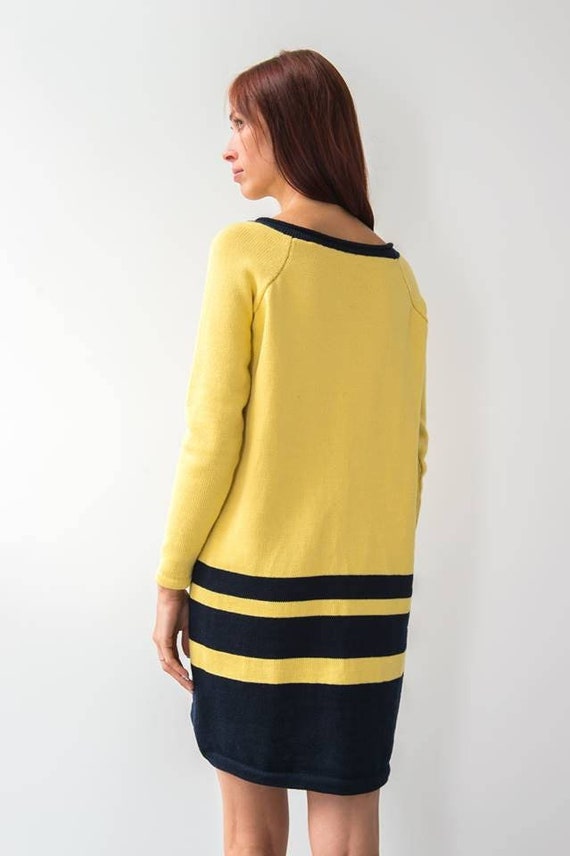 Navy blue dress with yellow cardigan deals