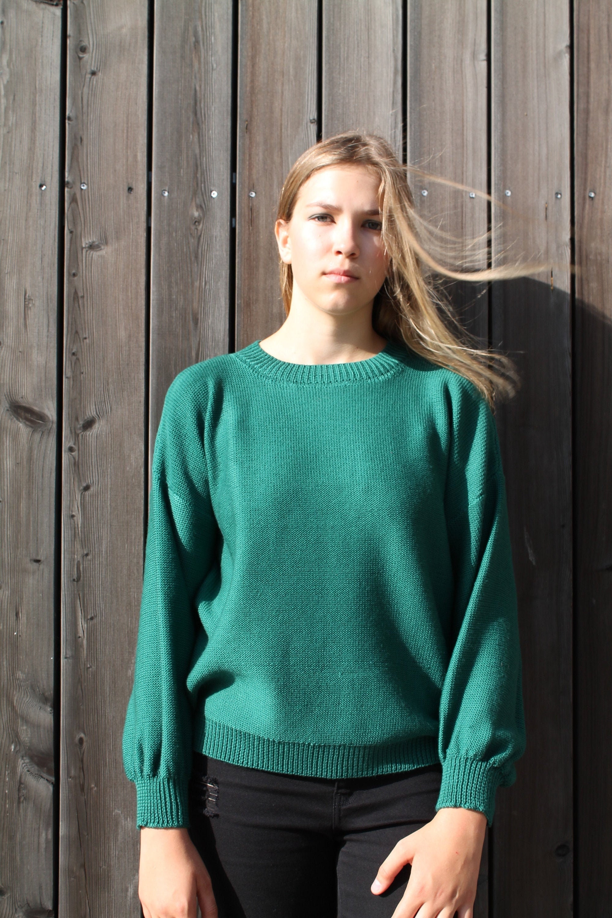 Green Merino Sweater for Autumn, Knitted Boat Neck Pullover, Oversized Wool Jersey, Loose Fit Knitted Sweater with Long Sleeves