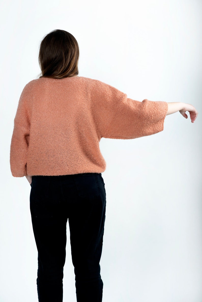 Cropped Knit Sweatshirt with Shorter Puffy Sleeves, Cropped Knit Jersey for Summer, Short Merino Pullover Sweater, Oversized Knitted Top Orange