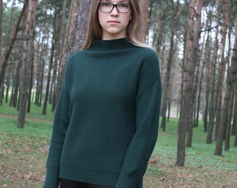 Merino Wool Turtleneck, Dark Green Merino Roll Neck, Warm Knitted Pullover Pollo Neck, Handmade Merino Skivvy, Lithuanian Gifts