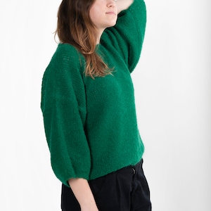 Cropped Knit Sweatshirt with Shorter Puffy Sleeves, Cropped Knit Jersey for Summer, Short Merino Pullover Sweater, Oversized Knitted Top Green