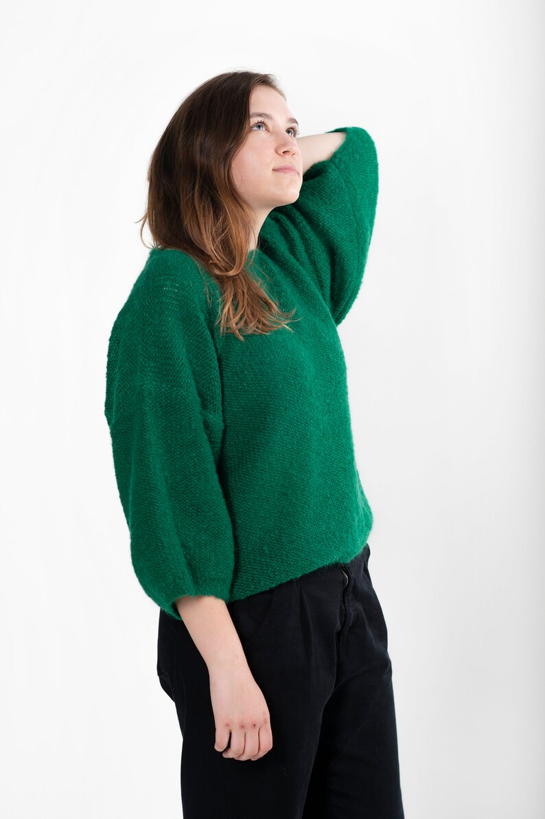 Cropped Knit Sweatshirt with Shorter Puffy Sleeves, Cropped Knit Jersey for Summer, Short Merino Pullover Sweater, Oversized Knitted Top Green