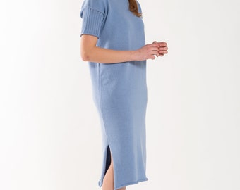 Knitted Midi Slit Dress, Oversized Shift Dress with Slit, Simple Loose Fit Merino Dress for Summer, Lithuanian Knitting