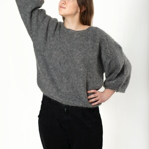 Cropped Knit Sweatshirt with Shorter Puffy Sleeves, Cropped Knit Jersey for Summer, Short Merino Pullover Sweater, Oversized Knitted Top Gray