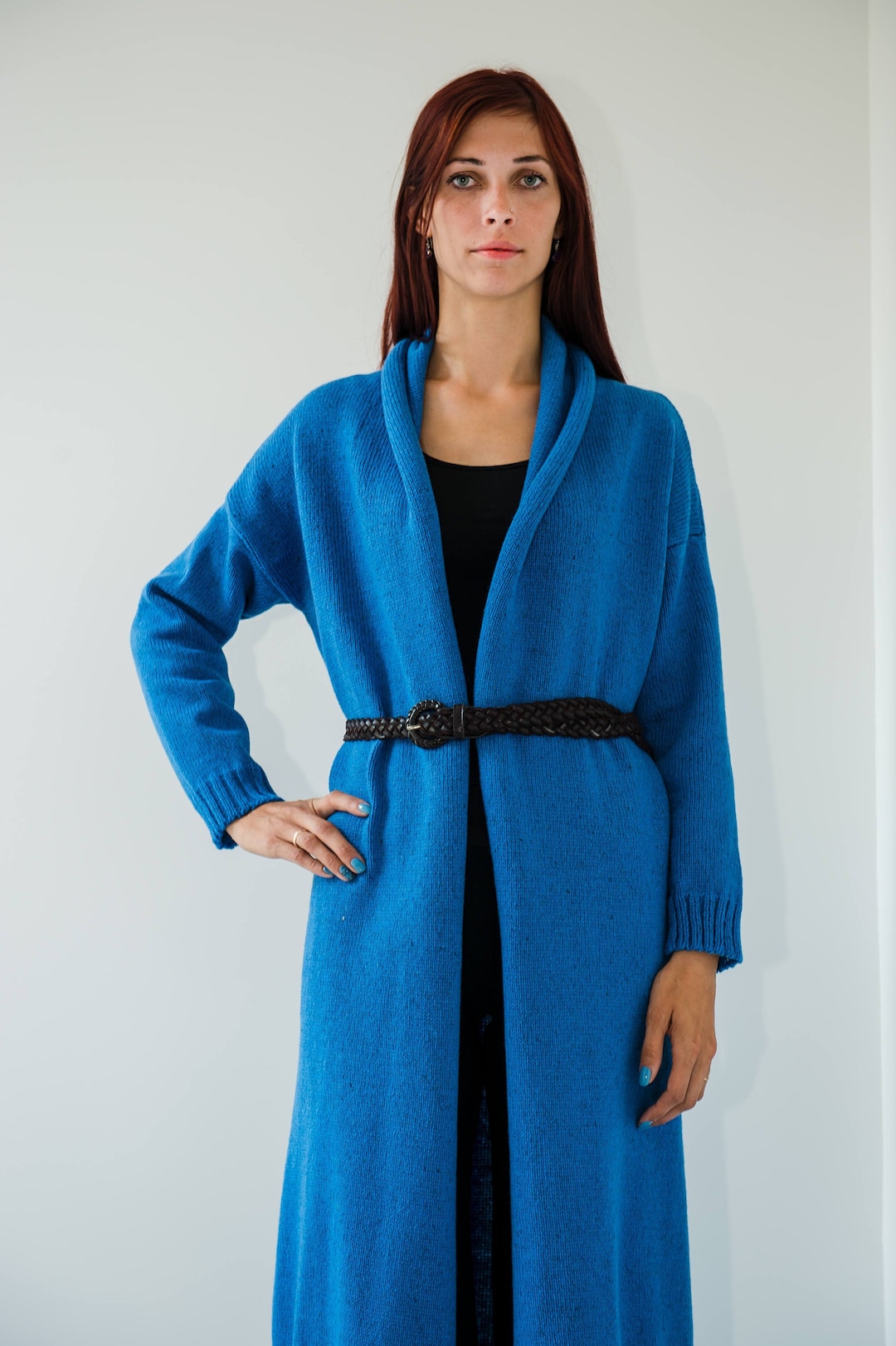 Knitted Maxi Cardigan for Women, Long Blue Cardigan, Oversized Cardigan Sweater, Loose Fit