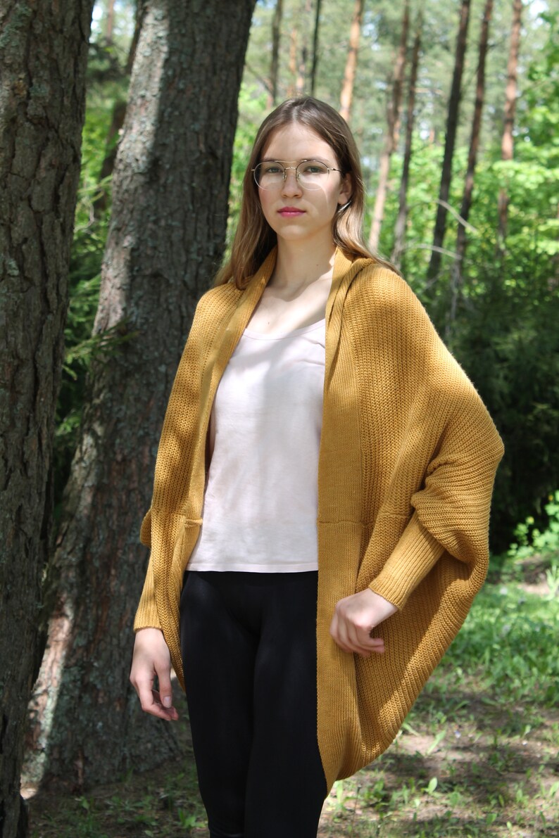 Yellow Alpaca Wool Cardigan, Wrap Sweater with Puffy Sleeves, Oversized Cardigan for Women, Light Summer Sweater image 7