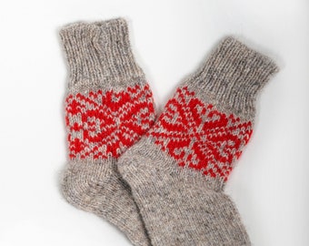 Natural Wool Socks with Christmas Ornament, Handmade Scandinavian Style Socks, Warm Woolen Socks for Winter, Christmas Gift Idea, Hygge Gift