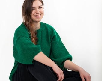 Mohair Blend Knit Cropped Pullover with Puffy Sleeves
