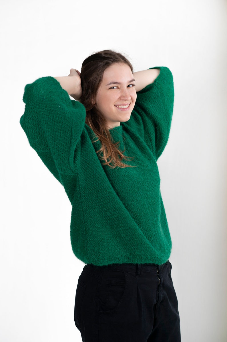 Cropped Knit Sweatshirt with Shorter Puffy Sleeves, Cropped Knit Jersey for Summer, Short Merino Pullover Sweater, Oversized Knitted Top image 7