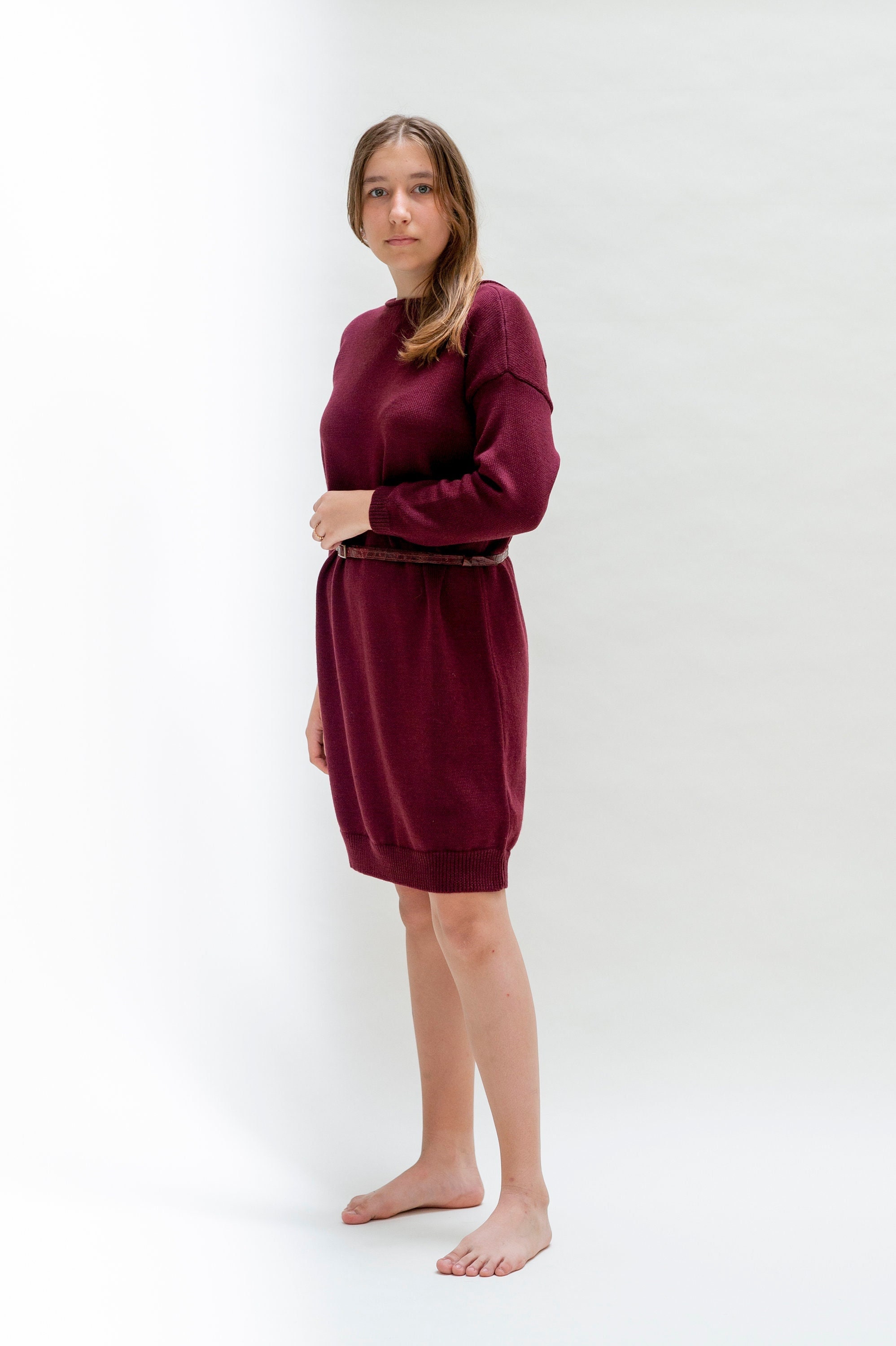 Burgundy Merino Wool Knit Dress: Long Sleeve Sweaterdress