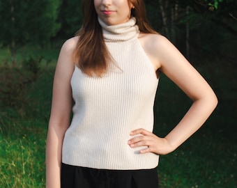 Women's knitted blouse with a high neck, Merino Mini blouse, Long Knitted Turtle Neck for Women, Lithuanian Knit Sweater