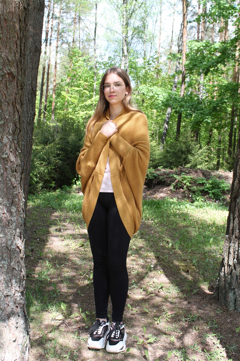 Yellow Alpaca Wool Cardigan, Wrap Sweater with Puffy Sleeves, Oversized Cardigan for Women, Light Summer Sweater image 3