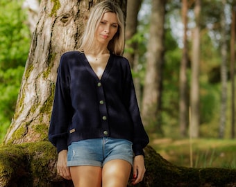 Merino Wool Knit Cardigan: Navy Blue Button-Up V-Neck
