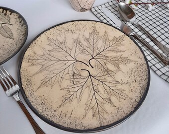 Set of 2 Handmade Beige Ceramic Plates 11" / Two Clay Dinner Plates / Dinnerware Set for Two with Natural Leaf Decor / Organic Dinnerware