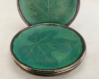 Handmade Turquoise Ceramic Plate Set: Leaf Imprint Dinnerware