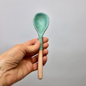 Ceramic kitchen spoon, Original farmhouse spoon, rustic pottery spoon, clay soup spoon, country utensils, Handmade spoon Turquoise