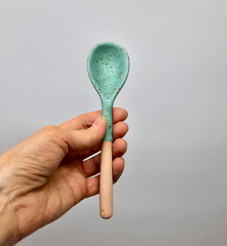 Ceramic kitchen spoon, Original farmhouse spoon, rustic pottery spoon, clay soup spoon, country utensils, Handmade spoon Turquoise