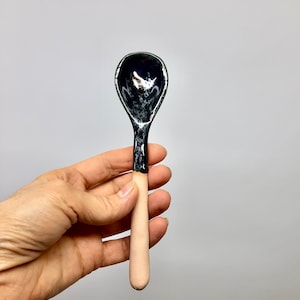 Ceramic kitchen spoon, Original farmhouse spoon, rustic pottery spoon, clay soup spoon, country utensils, Handmade spoon Black