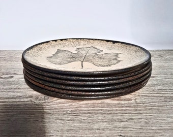Handmade Ceramic Dinner Plates Set of 6: Beige Leaf Decor