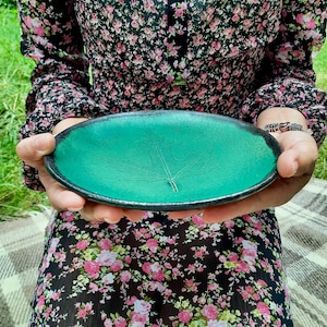 8 Inch Handmade Turquoise Ceramic Plates / Dessert Plates / Plant Leaf Print Ceramic Plates / Dinner Plate / Holiday Gift