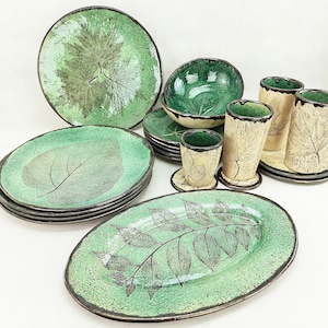 Handmade Ceramic Dinnerware Set / Green Glossy Dinnerware / Dinner and Dessert Plates, Bowls, Cups and Tray / Housewarming gift