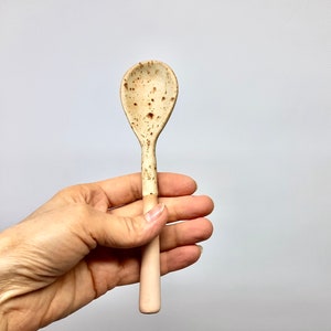 Ceramic kitchen spoon, Original farmhouse spoon, rustic pottery spoon, clay soup spoon, country utensils, Handmade spoon Beige with dots