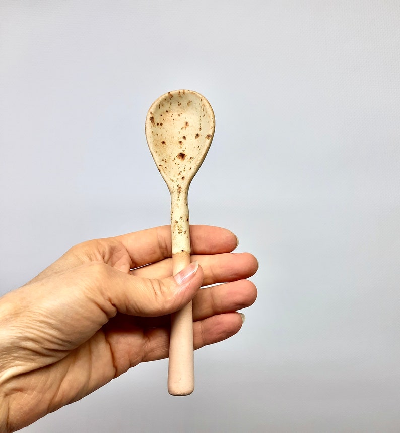 Ceramic kitchen spoon, Original farmhouse spoon, rustic pottery spoon, clay soup spoon, country utensils, Handmade spoon Beige with dots