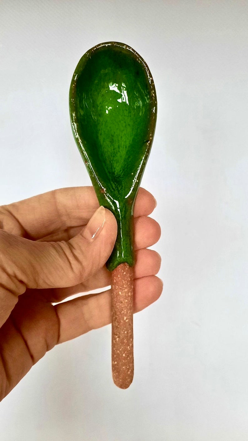 Ceramic kitchen spoon, Original farmhouse spoon, rustic pottery spoon, clay soup spoon, country utensils, Handmade spoon Green