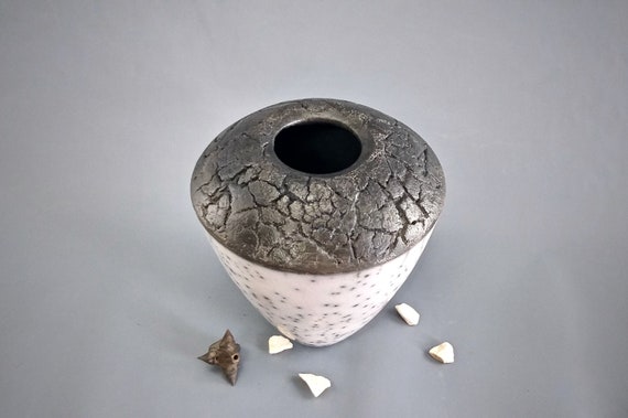 Large Raku Pottery Vase White Black Ceramic Modern Etsy