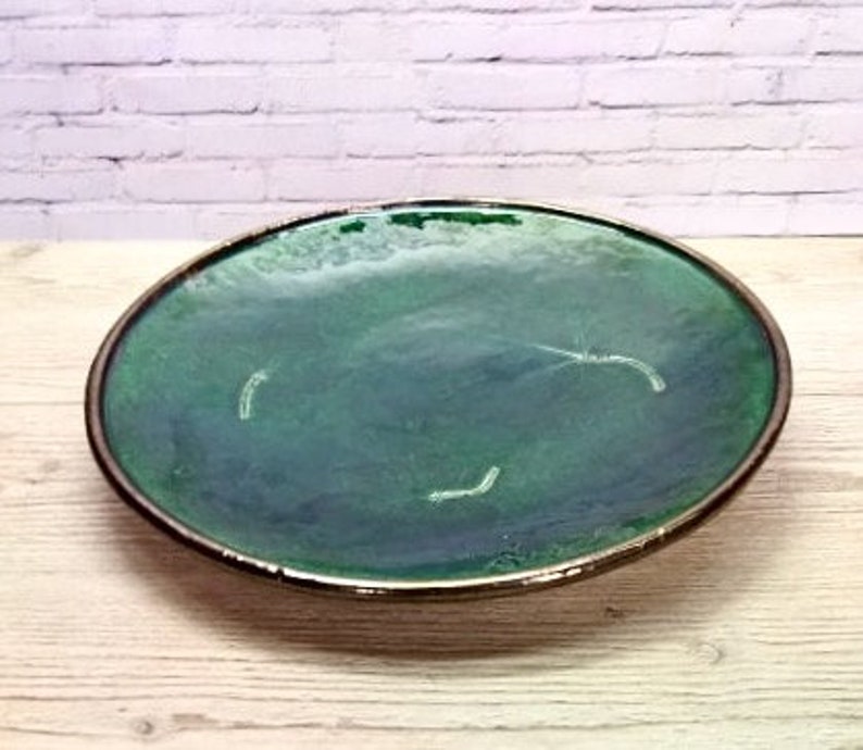 Ceramic serving tray 13.4 inches. Green round dish. Serving Etsy