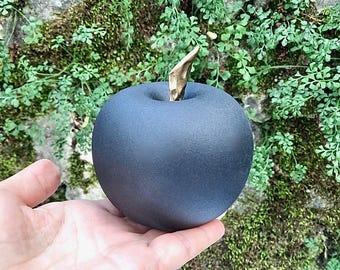 Black Apple Sculpture, Large Black Ceramic Apple With Black, Iron