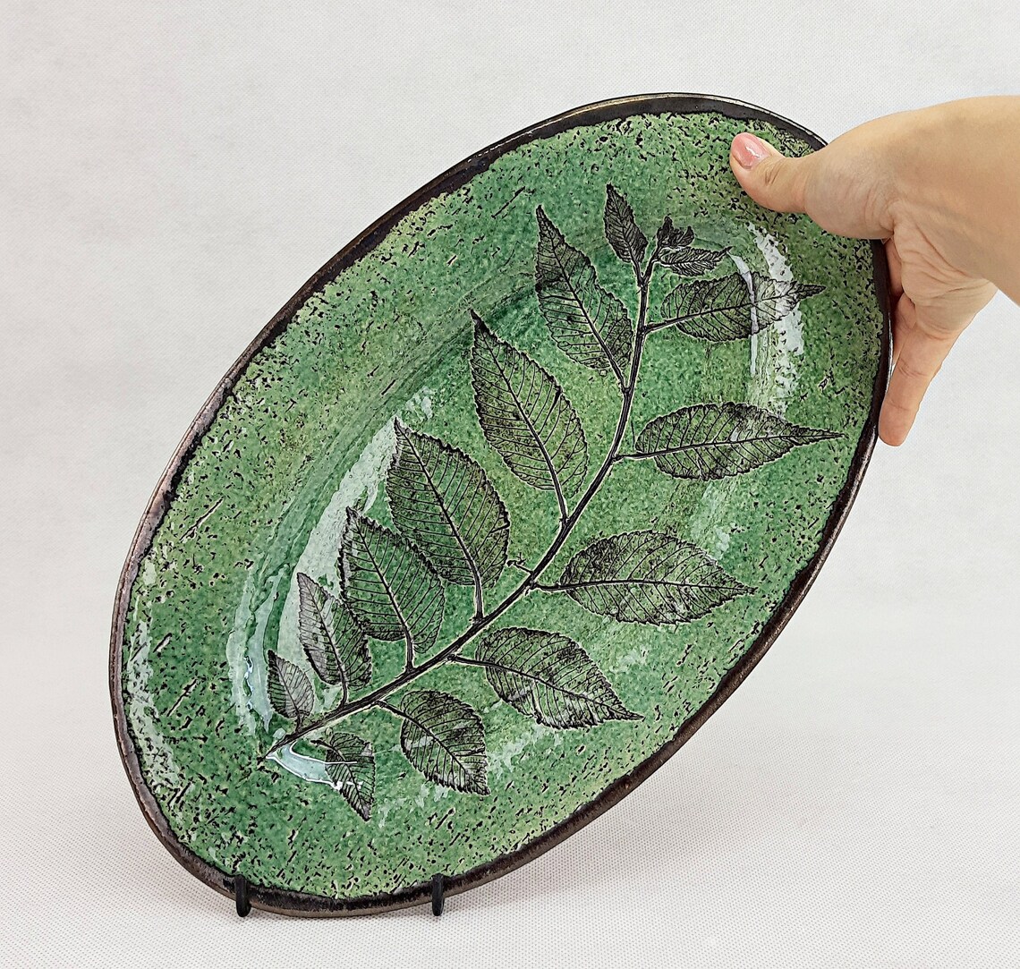 Green Ceramic Serving Tray 15 Inch Oval Platter Serving Etsy