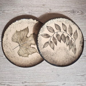 Set of 4 11&quot; Handmade Beige Ceramic Plates / Clay Dinner Plates / Natural Leaf Decor Dinnerware Set for Four persons / Organic Dinnerware