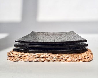 Handmade black ceramic dinner plate /  designer ceramic rectangular plate / clay plates in individual ecological packaging / gift