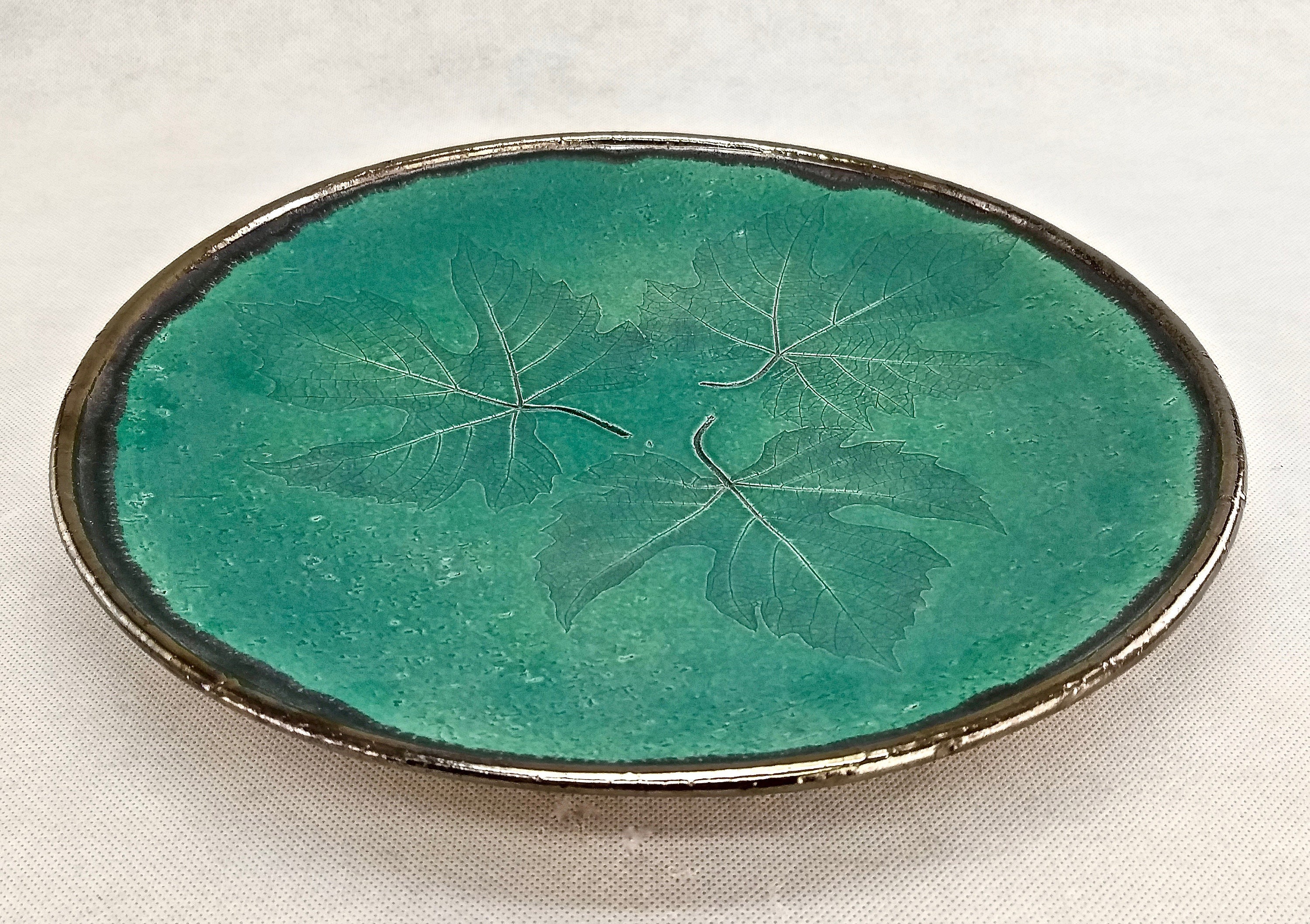 Handmade turquoise ceramic tray 13.4 inches. Round serving Etsy