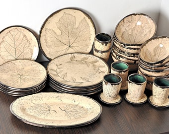 Handmade Ceramic Dinnerware Set: Rustic Plates, Bowls, Cups - Leaf Design