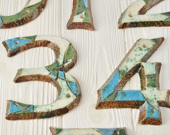 Outdoor house numbers SET of 4 rustic organic style ceramic digits 5 inch/ Personalized home address yard sign