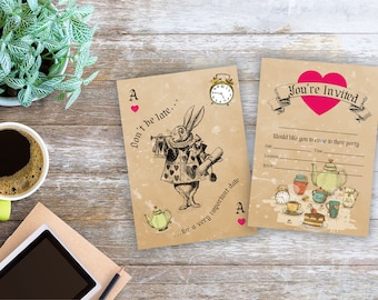 VINTAGE ALICE in WONDERLAND theme party invitations vintage invites - with or without envelopes