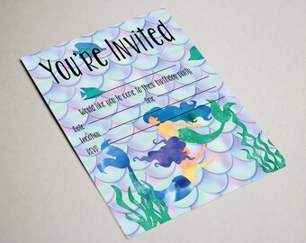 Mermaid Birthday Party Invitation Children Invites Mermaid Pink Girls Kids Party - With or without envelopes
