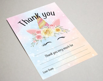 Unicorn Thank you post cards Unicorn Thank you notelets Pink Girls Kids Party - With or without envelopes