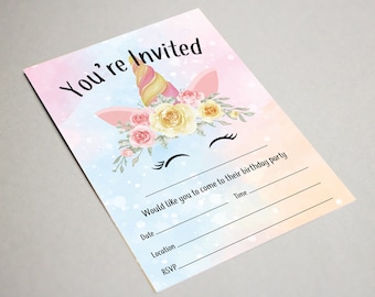 Unicorn Birthday Party Invitation Children Invites Unicorn Pink Girls Kids Party - With or without envelopes