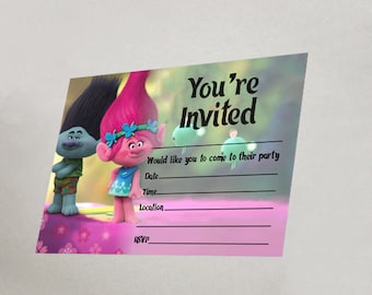 TROLL THEME birthday party invitations pink invites children girls kids