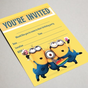 May include: A yellow birthday party invitation with three cartoon Minions holding drinks. The invitation says "You're Invited" and has space to fill in the date, time, location, and RSVP.