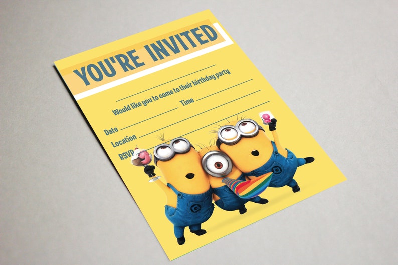 May include: A yellow birthday party invitation with three cartoon Minions holding drinks. The invitation says "You're Invited" and has space to fill in the date, time, location, and RSVP.
